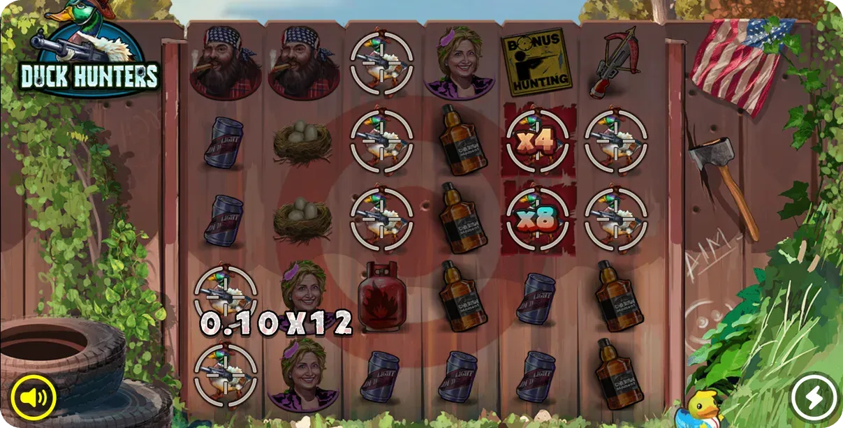 Duck Hunters slot screen showing active position multipliers highlighted on multiple grid positions with x4 and x8 multiplier values displayed