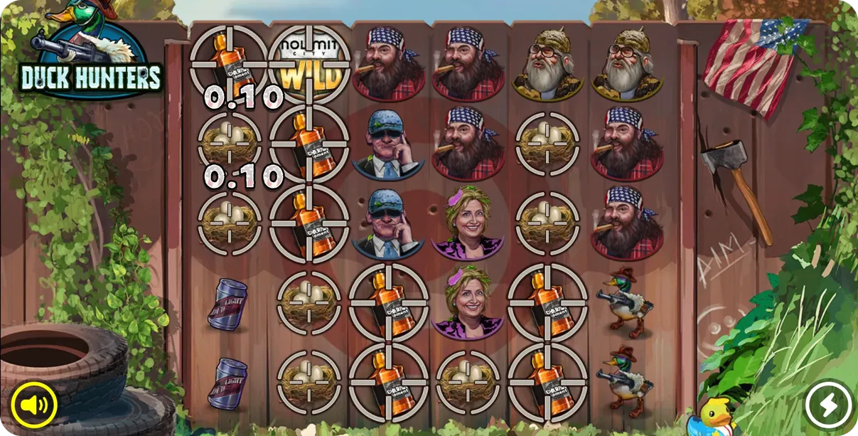 Duck Hunters slot displaying a cluster win with multiple matching duck symbols scattered across the 6x5 grid triggering the scatter pays mechanic
