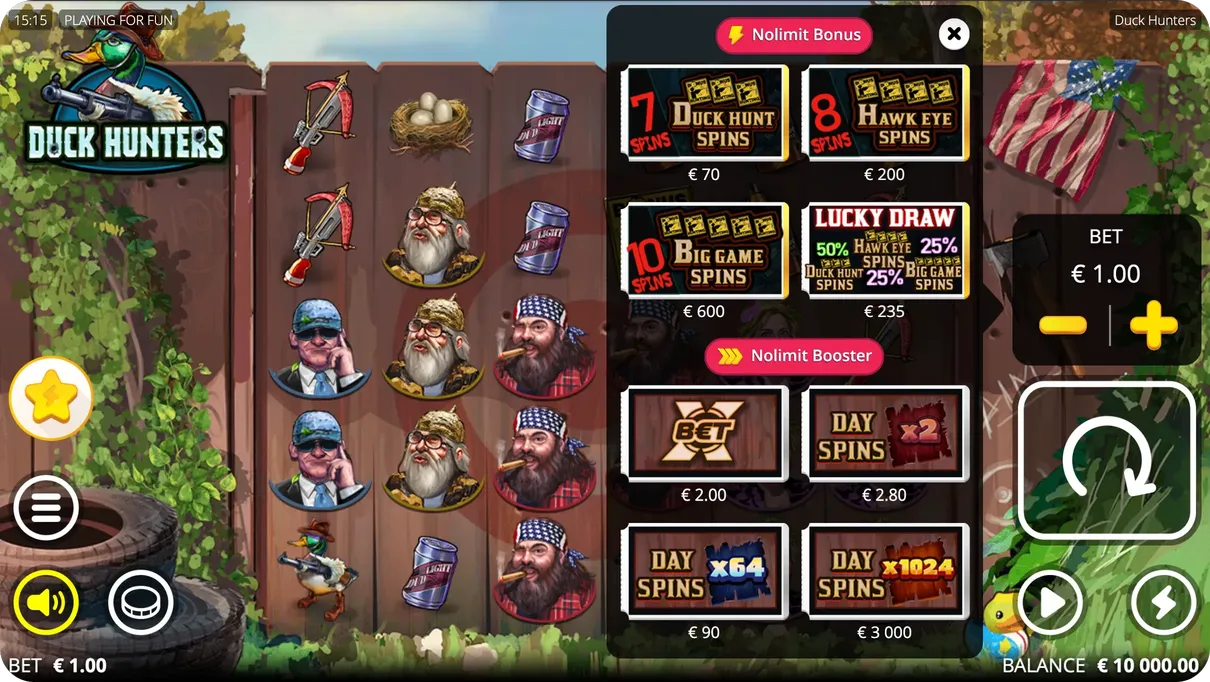 Duck Hunters slot Feature Buy menu showing Duck Hunt Hawk Eye and Big Game Spins purchase options with prices