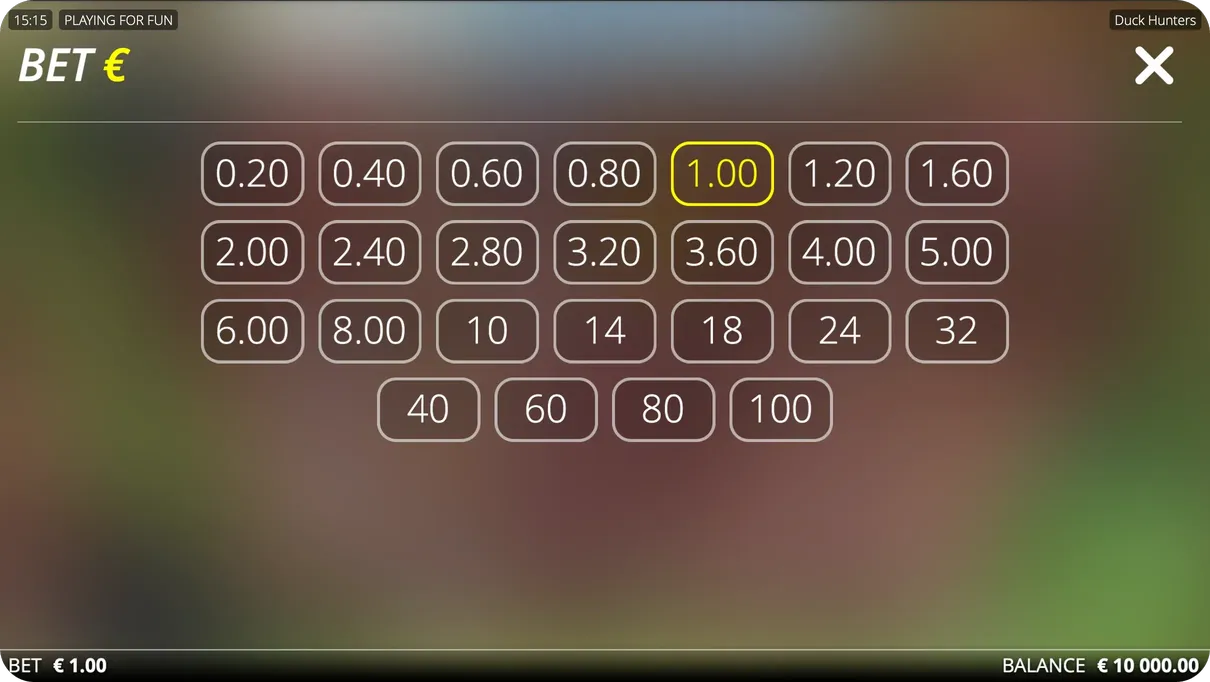 Duck Hunters slot bet selection screen showing stake adjustment buttons and betting options from £0.20 to £100