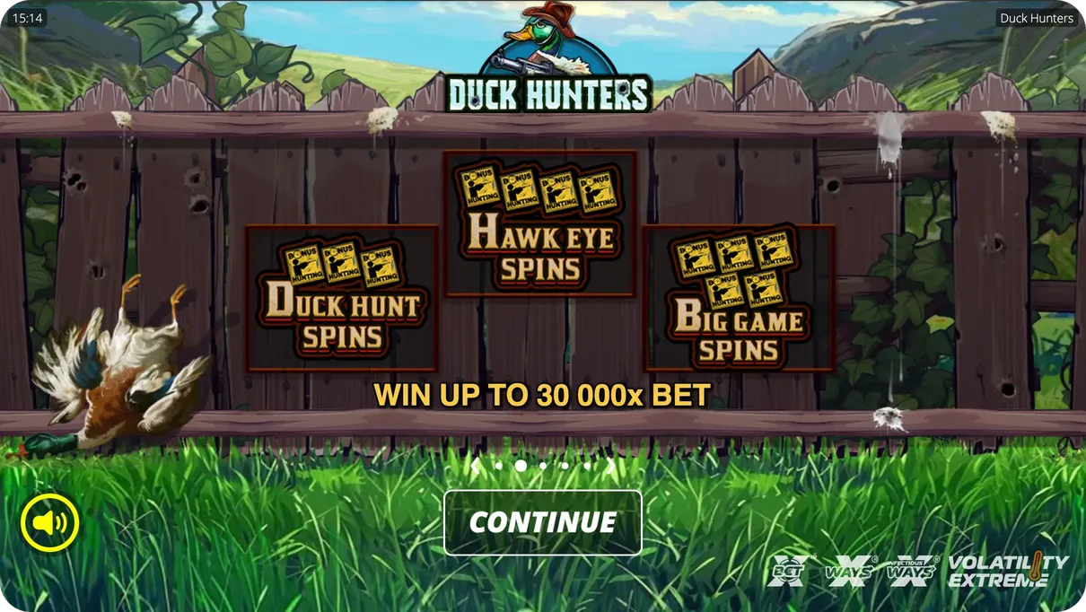 Duck Hunters slot main screen featuring hunting themed background 6x5 grid layout and game controls