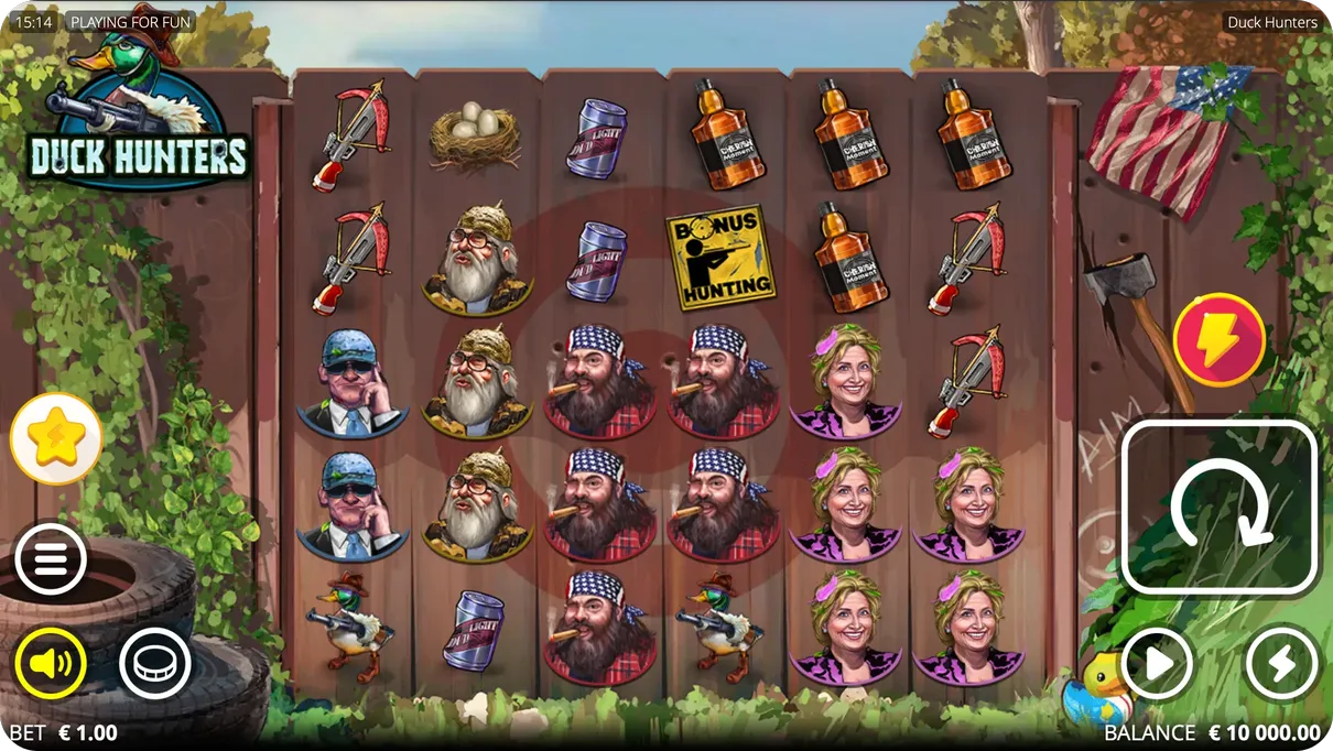 Duck Hunters slot active gameplay showing cascading symbols position multipliers and winning combinations