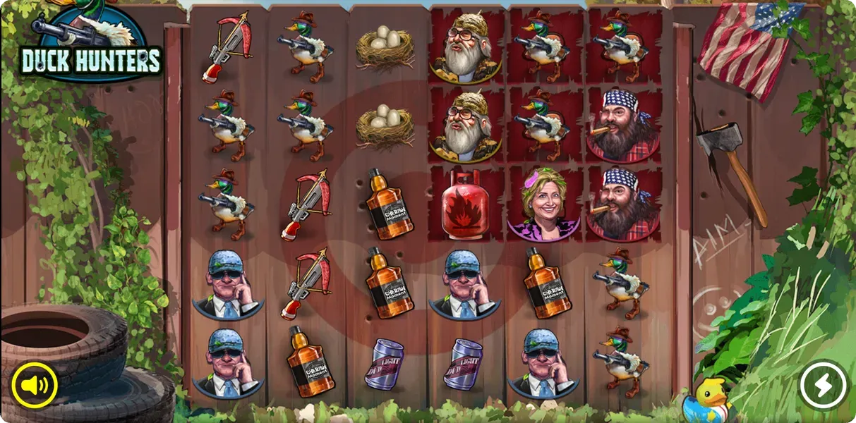 Bomb symbol exploding in 3x3 pattern removing adjacent symbols and doubling position multipliers in Duck Hunters slot