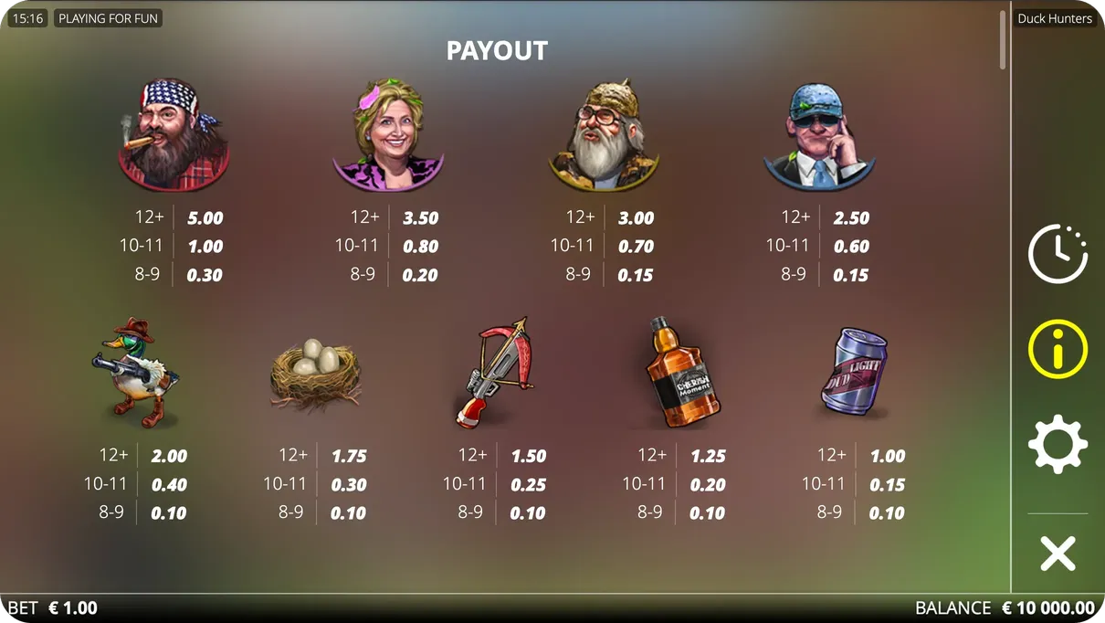 Duck Hunters slot game menu displaying settings options including sound controls autoplay and game rules