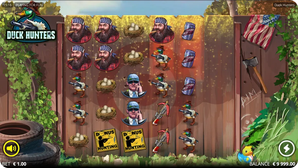 Duck Hunters slot initial game screen ready to spin with 6x5 grid loaded and spin button highlighted