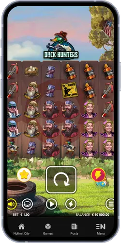 Duck Hunters slot demo on mobile screen showing 6x5 grid with character symbols, Bonus Hunting scatter visible, bet set to €1.00 and balance at €10,000