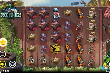 Duck Hunters free play mode on desktop with full 6x5 reel grid, multiple character and item symbols, total win of €0.40 displayed, bet €1.00, playing for fun mode active