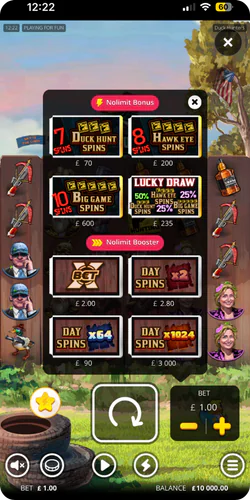 Purchasing the Duck Hunters bonus game through the Nolimit Bonus menu